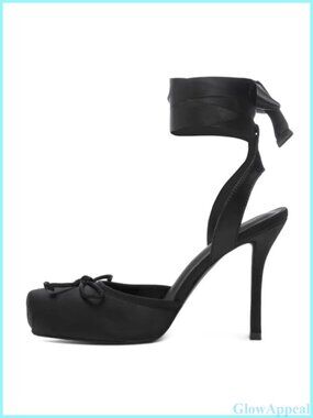 Satin Ballerina Heels Closed Square Toe Bow Knot Pumps Slingback